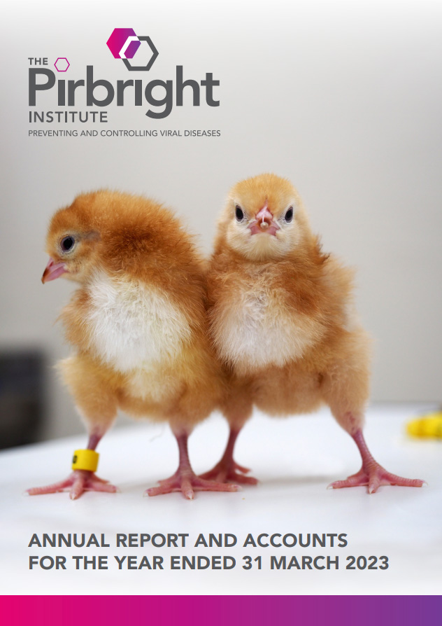 The Pirrbright Institute Annual Report 2023 cover showing two chicks