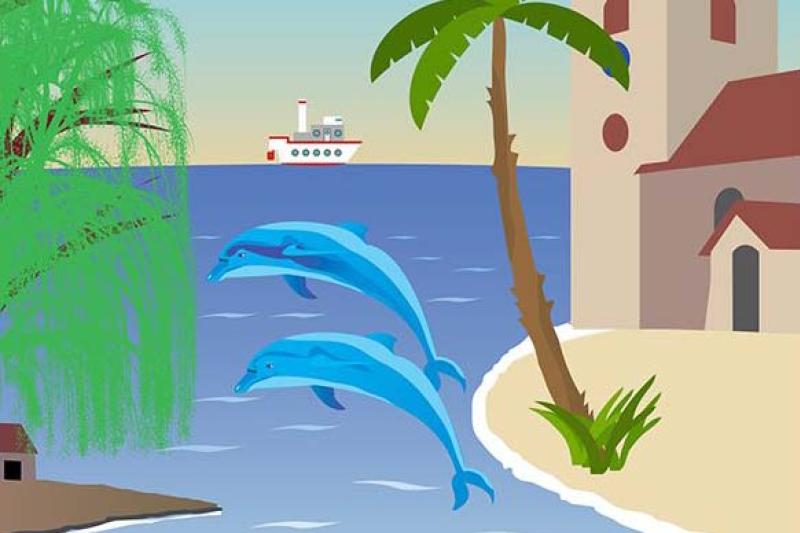 Illustration of two dolphins jumping out of the water next to a desert island with palm tree, a cruise liner on the horizon