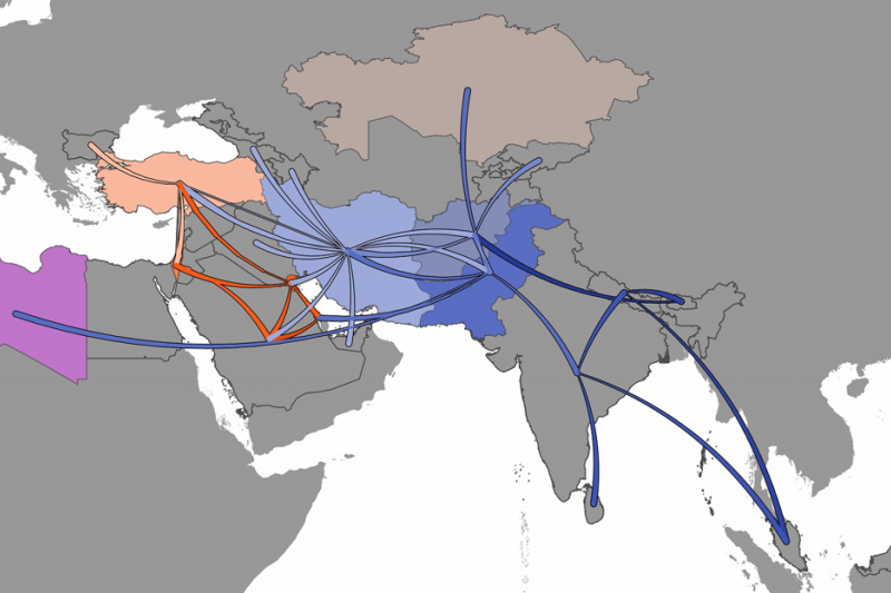 A map showing the spread of foot-and-mouth disease virus variants across Asia