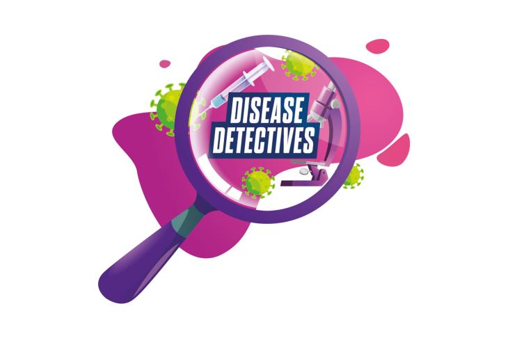Illustration of a purple magnifying glass with green virus cells inside and the word Disease Detectives inside