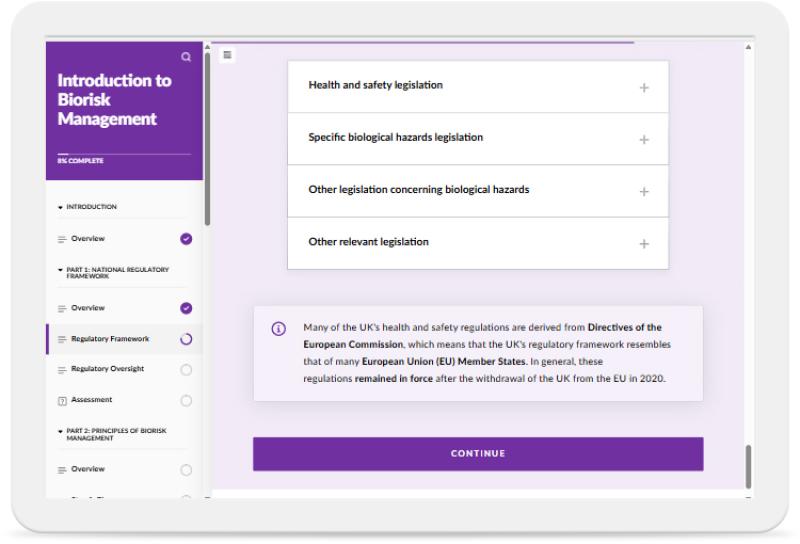 Screenshot of the Introduction To Biorisk Management eLearning course.