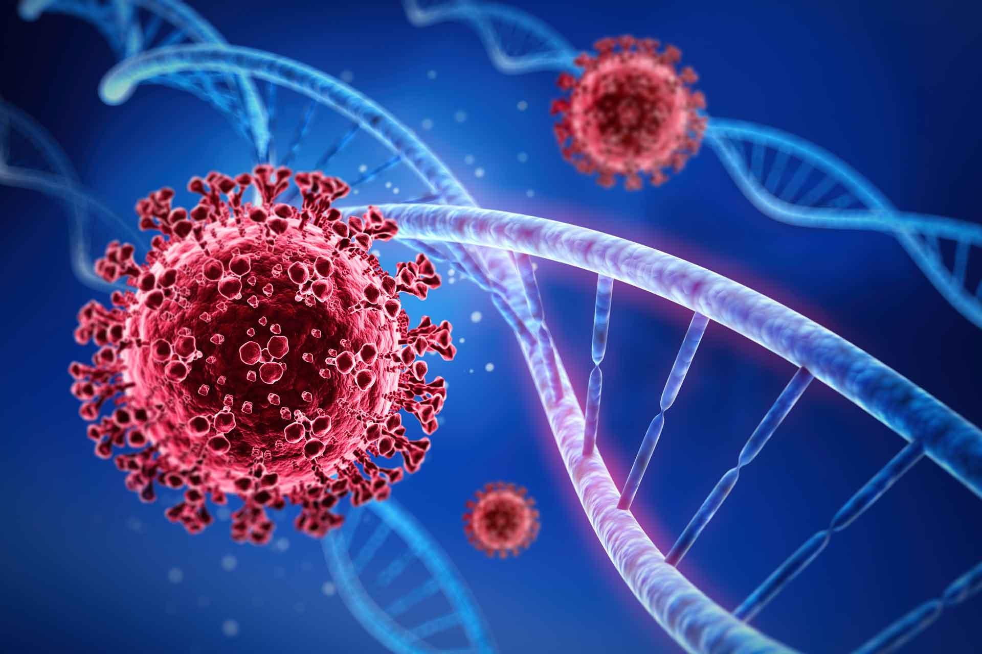 pathogen and DNA red pathogen on a blue background next to DNA strands