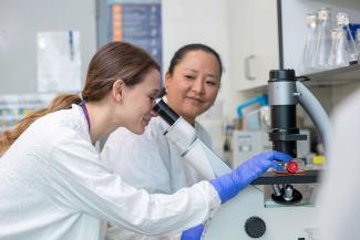 Two women in laboratory using microscope.